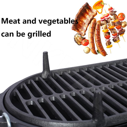 Outdoor Cast Iron Hibachi Grill & Skillet Combo, Premium Portable Hibachi Charcoal Grill, Bbq Cooker for Camping, Tailgating & Patio Grilling, Compact Tabletop Skillet, Must Haves 2025 (Oval)