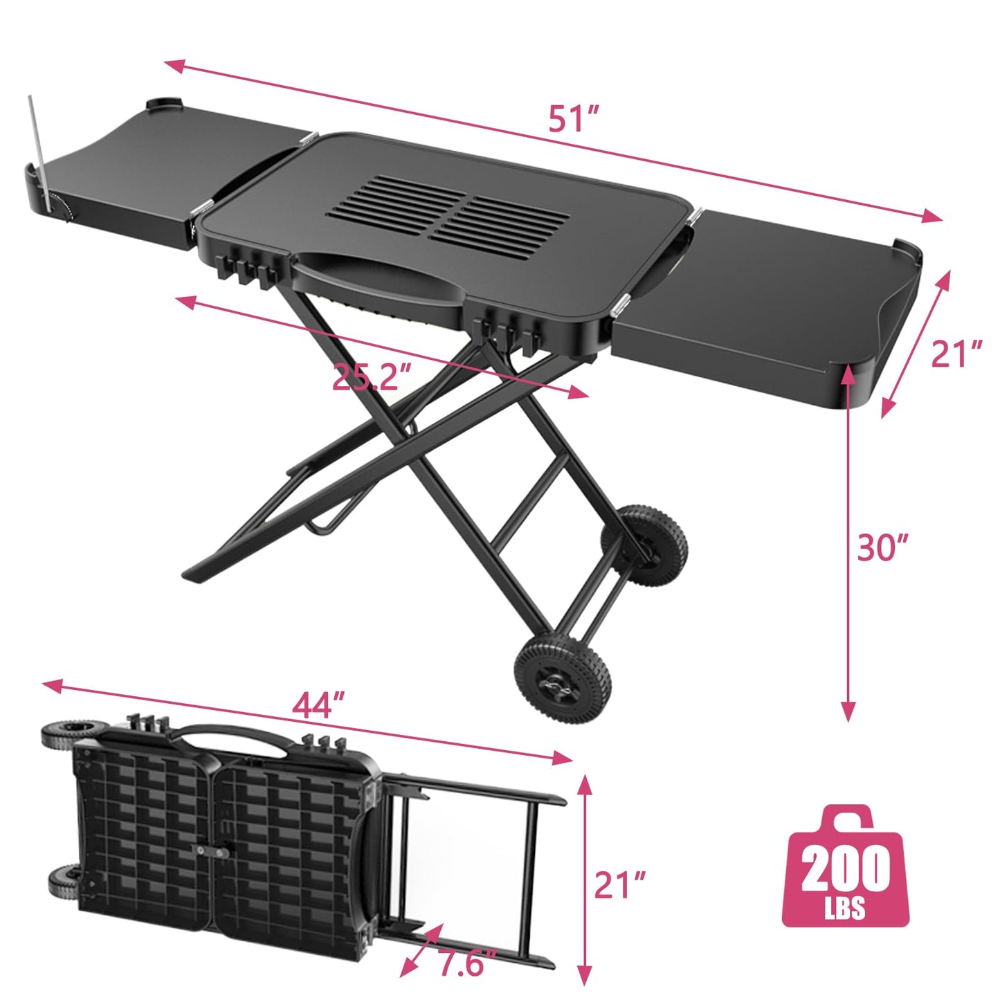 Portable Grill Cart for Ninja Woodfire OG700 OG800 OG900, Blackstone Griddle, for Weber Q100 Q200 Q300, Pizza Oven, Collapsible Grill Stand for Most Portable Grills, Large Surface Grill Trolley