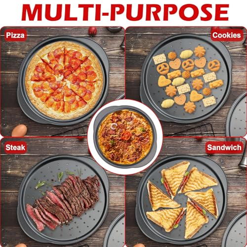 Gymdin Pizza Pan for Oven - 13" Round Pizza Pans with Holes(2 Pack), Non-stick Carbon Steel Pizza Trays with Handle, Easy to Clean & Oven Safe
