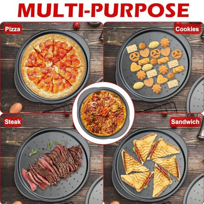 Gymdin Pizza Pan for Oven - 13" Round Pizza Pans with Holes(2 Pack), Non-stick Carbon Steel Pizza Trays with Handle, Easy to Clean & Oven Safe