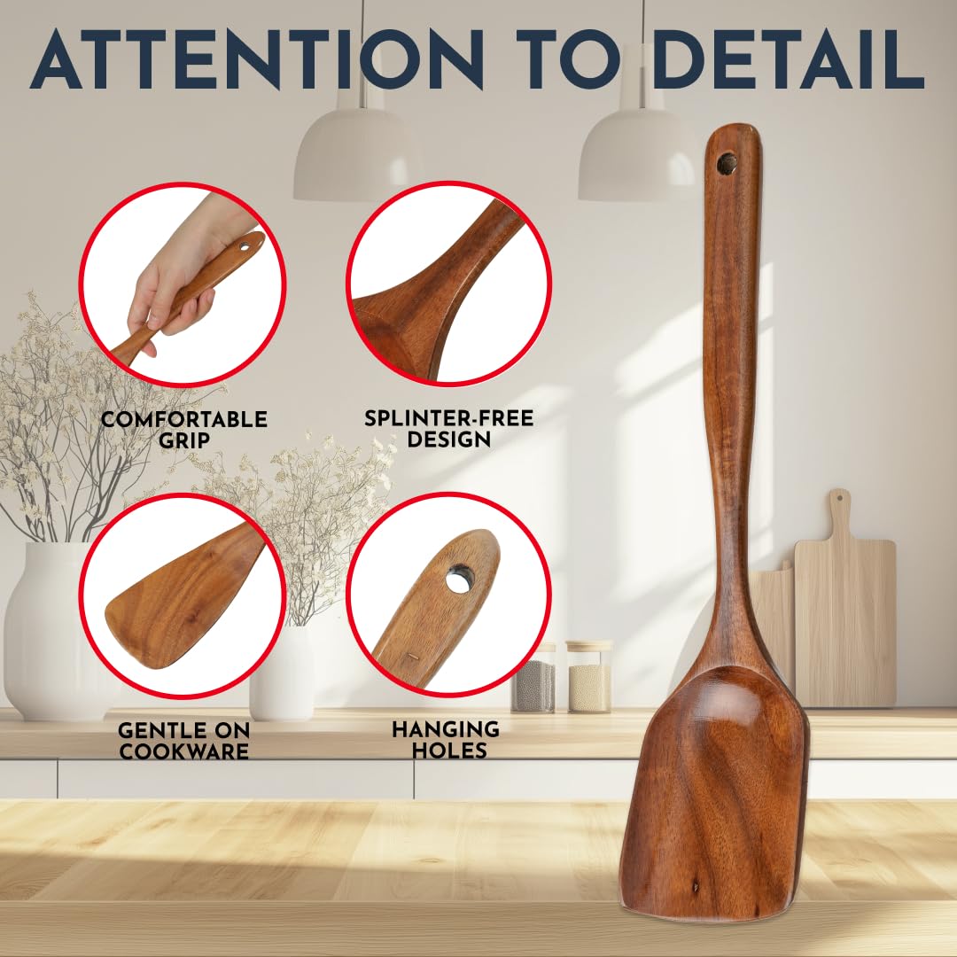 Teak Wooden Utensil Set 6-Piece - Smooth Finish Wooden Spoons for Cooking - Comfortable Grip, Non Scratch Premium Kitchen Wooden Cooking Utensils Set Teak Wood Cooking Utensils