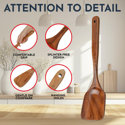 Teak Wooden Utensil Set 6-Piece - Smooth Finish Wooden Spoons for Cooking - Comfortable Grip, Non Scratch Premium Kitchen Wooden Cooking Utensils Set Teak Wood Cooking Utensils