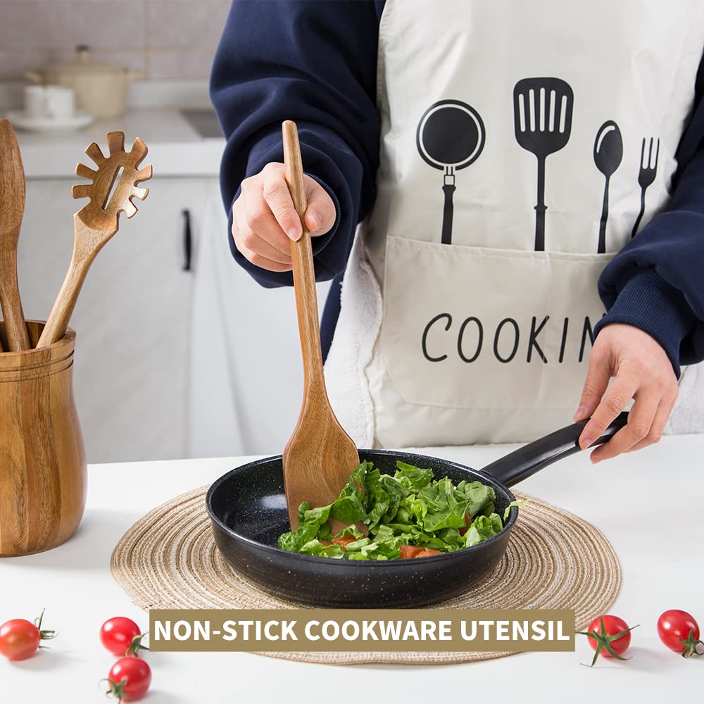 Exquisite Wooden Cooking Utensils For Kitchen, Set Of 5, 12 Inch Acacia Wood Kitchenware Tool Set, Cooking Gadgets Includes Spoon, Spoon Spatula, Spaghetti Spoon, Slotted Spoon, Shovel