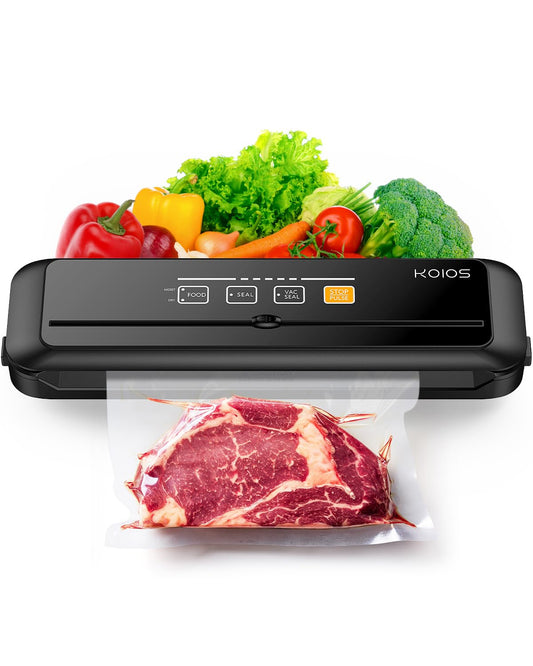 KOIOS Vacuum Sealer Machine, 90Kpa Automatic Vacuum Air food sealer/Built-in Cutter Starter Kit, Dry & Moist Food Preservation Modes, Pulse Function, LED Indicator Lights, Black