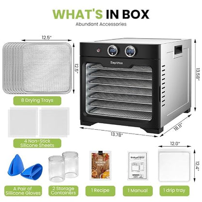 Household Food Dehydrators Machine with 8 Stainless Steel Trays Hold 10 lb Meats 24 H Digital Timer 194 °F Temperature Control Commercial Dryer for Jerky Meat Herb Fruit Vegetables Beef Black Knight