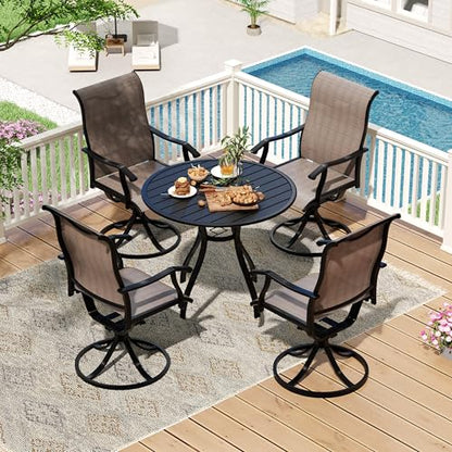 LVUYOYO 5-Piece Outdoor Patio Dining Set, Textilene Swivel Chairs & Round Table Set, All-Weather Table and Chairs Set with Umbrella Hole for Backyard, Garden,Balcony,Porch (Brown)