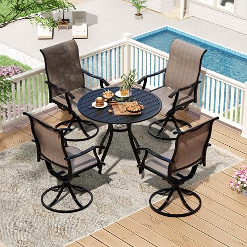 LVUYOYO 5-Piece Outdoor Patio Dining Set, Textilene Swivel Chairs & Round Table Set, All-Weather Table and Chairs Set with Umbrella Hole for Backyard, Garden,Balcony,Porch (Brown)
