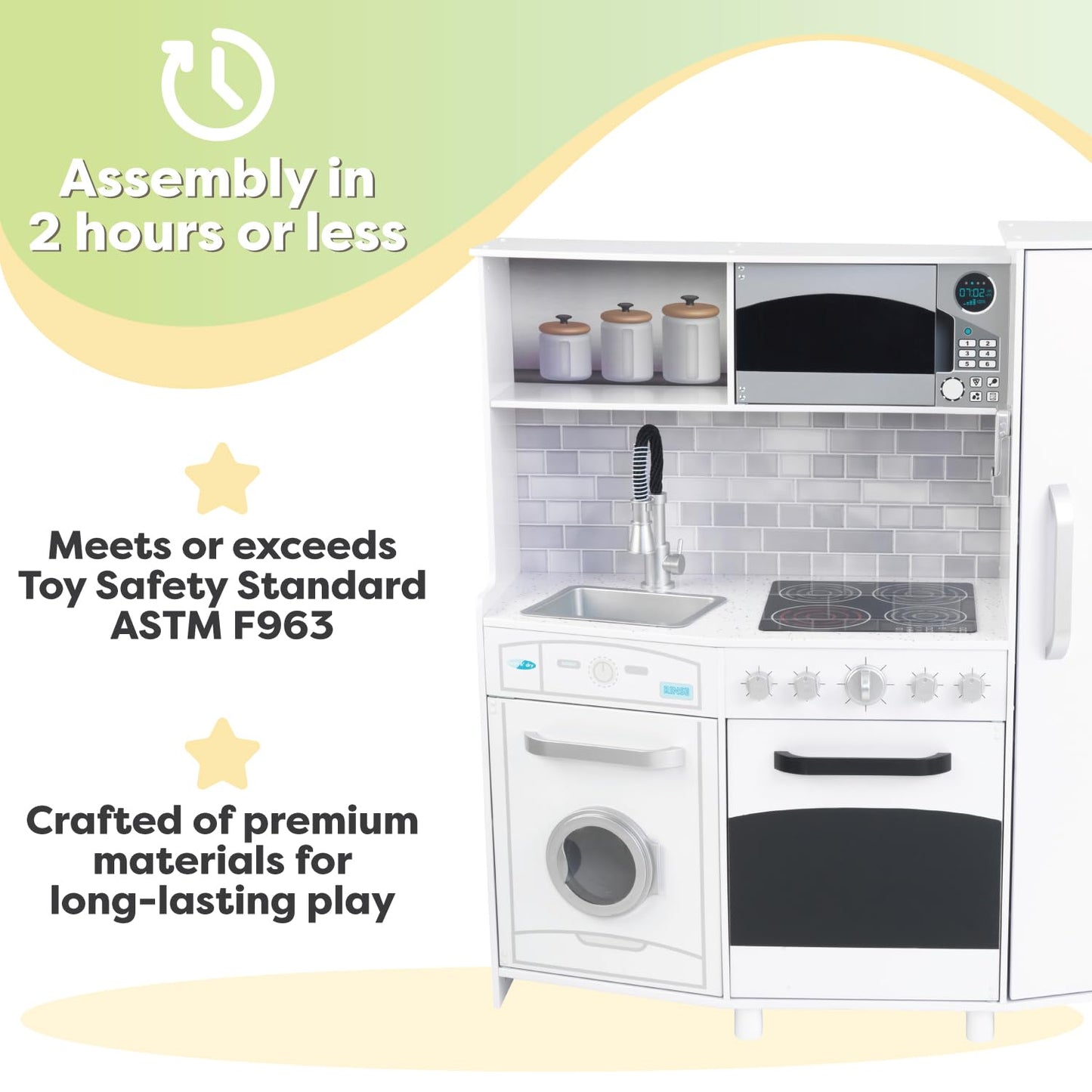 KidKraft Large Wooden Play Kitchen with Lights & Sounds, Icemaker, Play Phone, White, Gift for Ages 3+