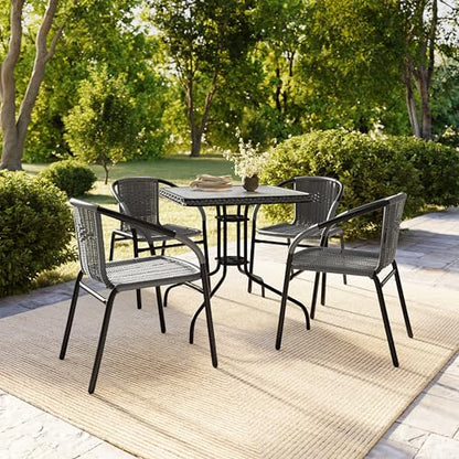 Flash Furniture 5-Piece 28" Square Indoor/Outdoor Patio Table and Chairs Set, Glass Metal Bistro Table and 4 Stacking Rattan Chairs, Gray
