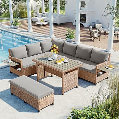 Brabrety Outdoor Patio Furniture Sofa Set, 5-Piece All-Weather Rattan L-Shaped Sectional Sofa Set with 2 Extendable Side Tables, Dining Table for Backyard, Poolside,Garden (Brown/L-Shaped)