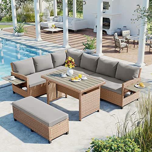 Brabrety Outdoor Patio Furniture Sofa Set, 5-Piece All-Weather Rattan L-Shaped Sectional Sofa Set with 2 Extendable Side Tables, Dining Table for Backyard, Poolside,Garden (Brown/L-Shaped)