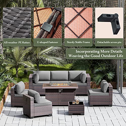 RTDTD 15 Pieces Outdoor Patio Furniture Set,Outdoor Sectional Furniture with 43" 55000 BTU Gas Propane Fire Pit Table,All Weather PE Rattan Wicker Patio Conversation Set,Grey