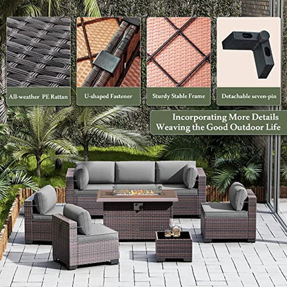 RTDTD 15 Pieces Outdoor Patio Furniture Set,Outdoor Sectional Furniture with 43" 55000 BTU Gas Propane Fire Pit Table,All Weather PE Rattan Wicker Patio Conversation Set,Grey
