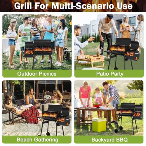 BLKMTY 43" Charcoal Grills Outdoor BBQ Grill with Offset Smoker Camping Portable Grill Camping Barbecue Grills with Side Fire Box for 6-10 People Patio Backyard Picnic BBQ, Black