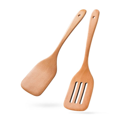 Hefild 2PCS Wooden Spatulas for Cooking, 12 inch Wood Spatulas Set with Flat Wood Spatula & Slotted Spatula – Beechwood Cooking Utensils for Nonstick Pans – Wooden Spoons for Cooking