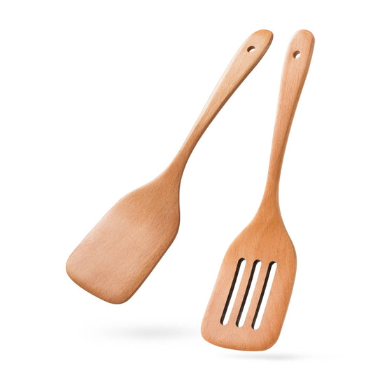 Hefild 2PCS Wooden Spatulas for Cooking, 12 inch Wood Spatulas Set with Flat Wood Spatula & Slotted Spatula – Beechwood Cooking Utensils for Nonstick Pans – Wooden Spoons for Cooking