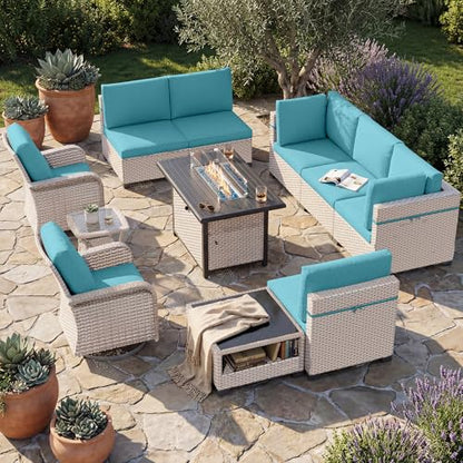 SnugVista Patio Furniture Set, 11-Piece Outdoor Sectional Sofa with Swivel Rocker Chairs & Fire Pit Table, Wicker Patio Conversation Set with Coffee Table, Cyan Cushions