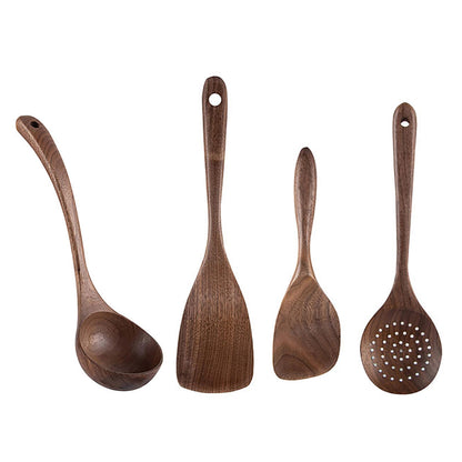 UPTALY 4 pcs Wooden Kitchen Utensils Set (C6), Natural Black Walnut Spoons, Thickened Ladle, Wood Slotted Spatula Turner, Extra Long Mixing Spoon, Scraper