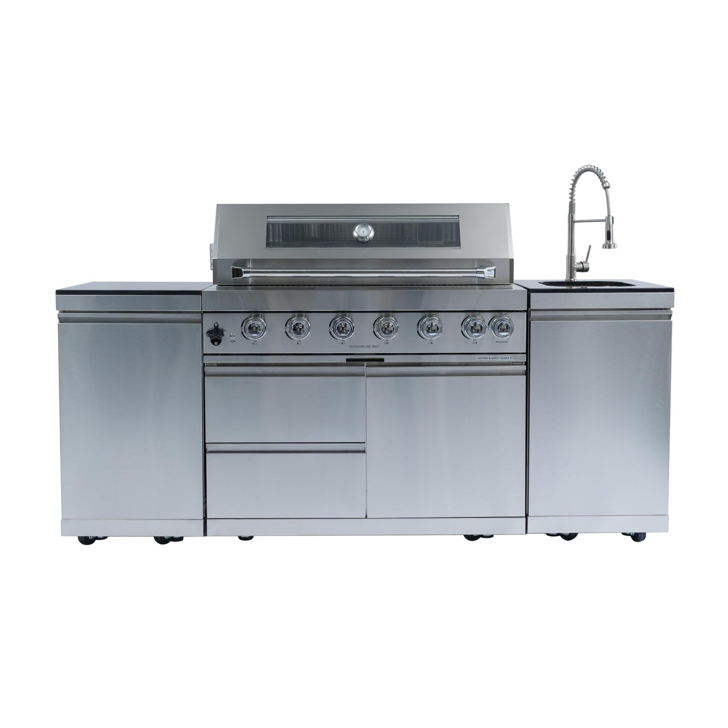 RENDGO 82 Inches 6 Burner Gas Grill Outdoor Kitchen Island, 85,000 BTU Deluxe Stainless Steel Modular Outdoor Kitchen, Sink, Storage Cabinets & Drawers, BBQ Island for Patio Backyard,Stainless Steel
