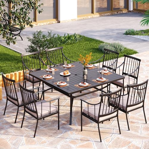 PHI VILLA 9 Pieces Outdoor Dining Set for 8, 60” Square Wrought Iron Dining Table & Heavy-Duty Steel Chairs with Cushions, Large Dining Furniture Set for Patio, Deck, Yard, Porch