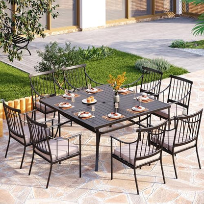 PHI VILLA 9 Pieces Outdoor Dining Set for 8, 60” Square Wrought Iron Dining Table & Heavy-Duty Steel Chairs with Cushions, Large Dining Furniture Set for Patio, Deck, Yard, Porch