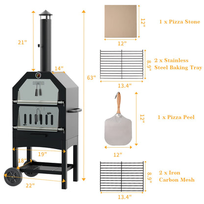 UDPATIO Outdoor Pizza Oven Wood Fired, Wood Pizza Ovens for Outside with Waterproof Cover, Pizza Stone, Peel, 2 Layer Steel, Freestanding Steel Oven with 2 Wheels for Kitchen BBQ Backyard Party