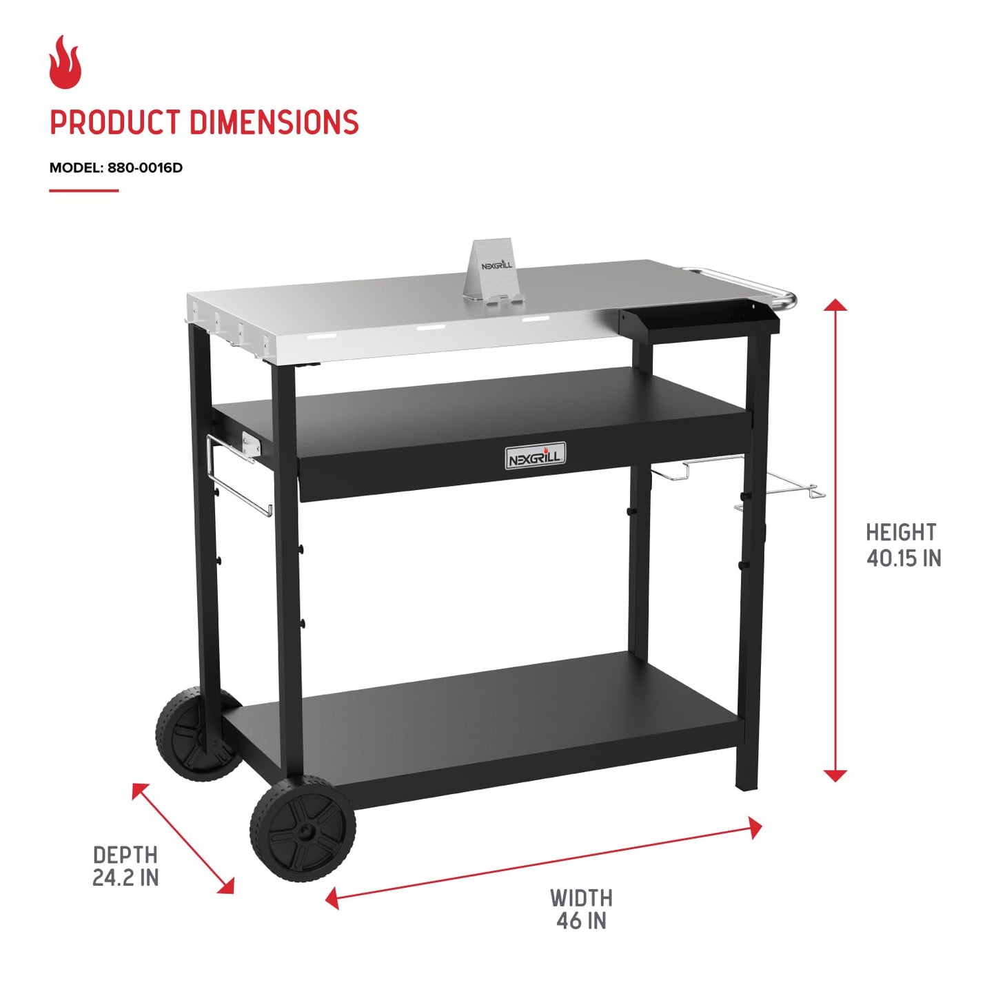 Nexgrill Large Stainless Steel Grill Table with Double Shelf for Griddle, 46" L x 24" W x 40" H, 648 Sq. in., Portable Grill Cart with Side Handle, Paper Towel, and Trash Bag Holder - 880-0016D