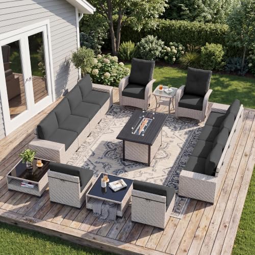Aukreolis 16 Pieces Patio Furniture Set with Fire Pit Table, Outdoor Sectional Wicker Sofa with Thick Cushions, High Back Swivel Rocker Patio Chairs, Rattan Conversation Set with Coffee Table, Black