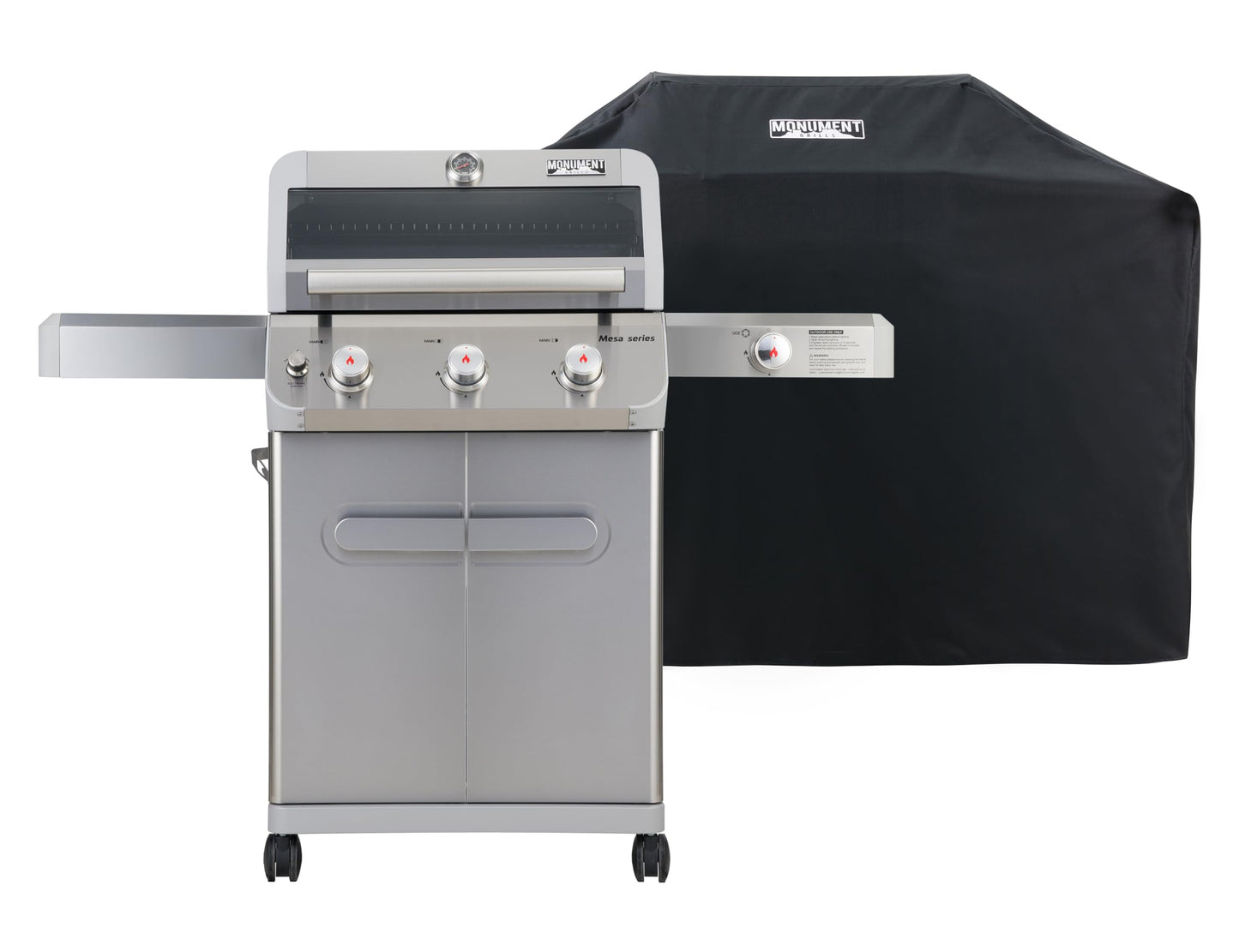 Monument Grills Outdoor Barbecue Stainless Steel 3 Burner Propane Gas Grill, 48,000 BTU Patio Garden Grill with Side Burner and Knob Controls, Mesa305 with BBQ Cover