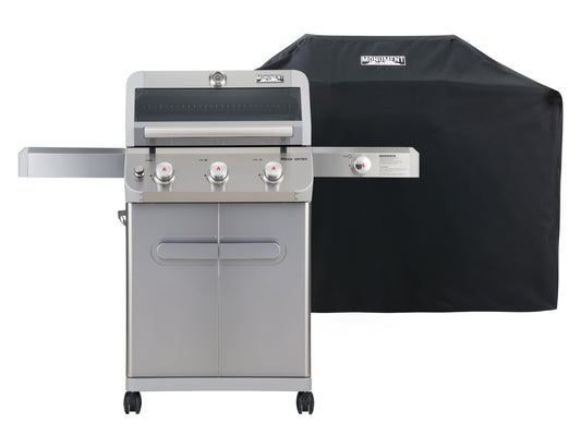 Monument Grills Outdoor Barbecue Stainless Steel 3 Burner Propane Gas Grill, 48,000 BTU Patio Garden Grill with Side Burner and Knob Controls, Mesa305 with BBQ Cover