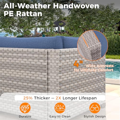 MAISON BACKYARDS 6-Seat Modular Patio Furniture Set – Outdoor Wicker Sectional Sofa with Thick 4″ Cushions, Dual-Strand PE Rattan, Rust-Resistant 18 mm Steel Frame, Backyard Garden Deck Lounge,Navy