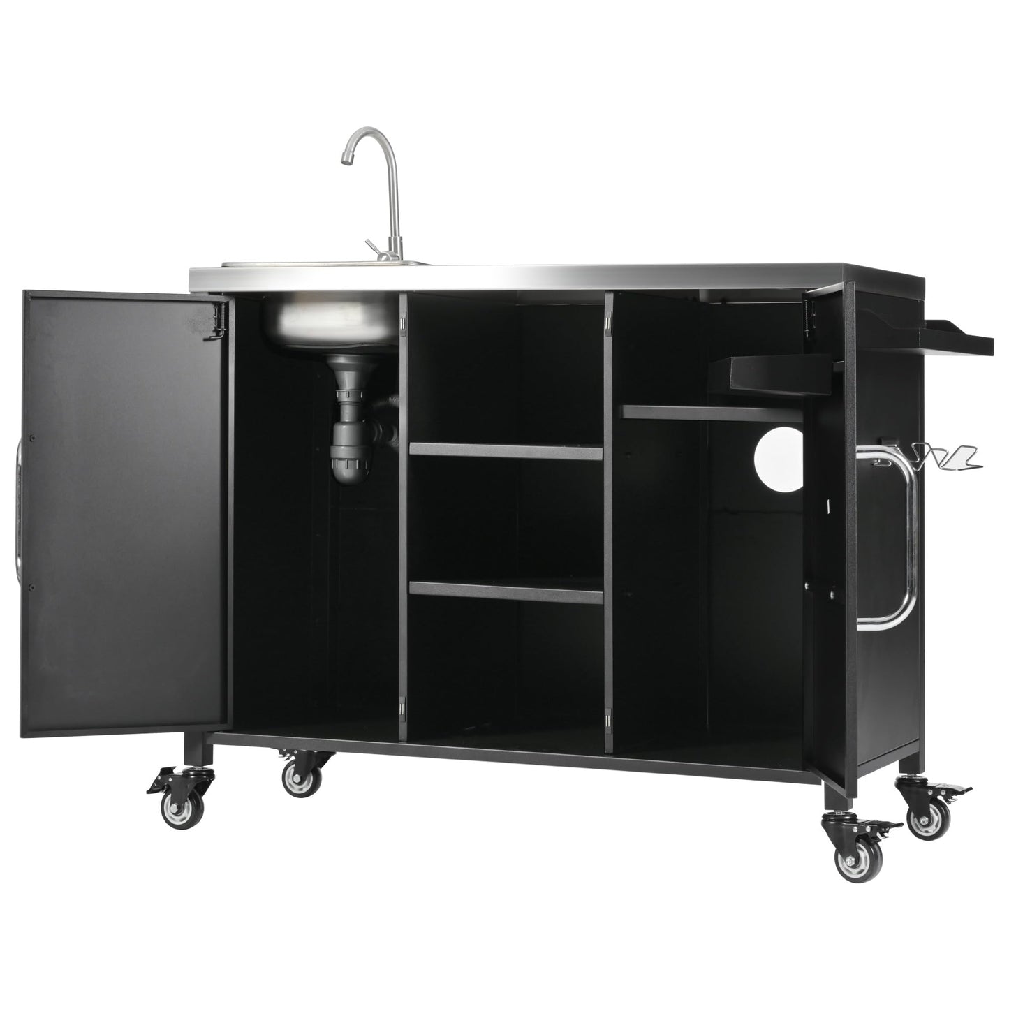 LUMISOL Kitchen Island with Sink, Metal Grill Cart Table with 304 Stainless Steel Sink, 55.5 Inch Outdoor Bar Cart Station with 4 Lockable Wheels, Black