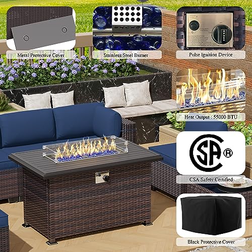 RTDTD 13 Pieces Outdoor Patio Furniture Set,Outdoor Sectional Furniture with 43" 55000 BTU Gas Propane Fire Pit Table,PE Rattan Wicker Patio Conversation Set with 10 Thickened Cushions,Navy Blue