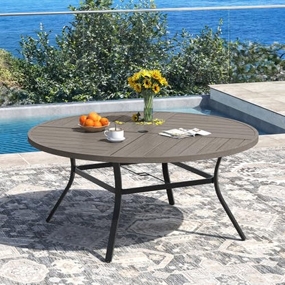 DIFY 11 Pieces Outdoor Dining Set, Metal Patio Table and Chairs Set for 10 with Umbrella Hole, 59.8" Round Dining Table and Textilene Stackable Patio Chairs for Garden Backyard Deck, Grey Wood-Like