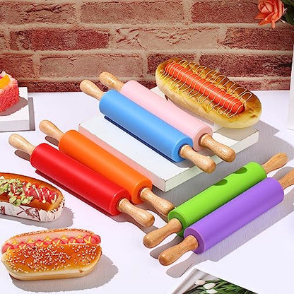 Dandat 6 Pcs Small Rolling Pin Kids 12 Inch Mini Silicone Rolling Pin for Baking Non Stick Kids Dough Roller with Wooden Handle for Kitchen Cookie Pastry Fondant Cake 6 Colors