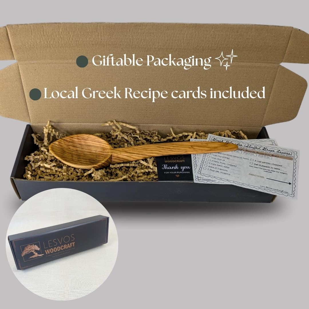 Olive Wood Serving Spoon - 10'' Artisan Utensil, Fair-Trade, Handcrafted Serving Utensils, Olive Wood Utensils, Wooden Cooking Spoon, Includes 2 Greek Recipes - LESVOS WOODCRAFT