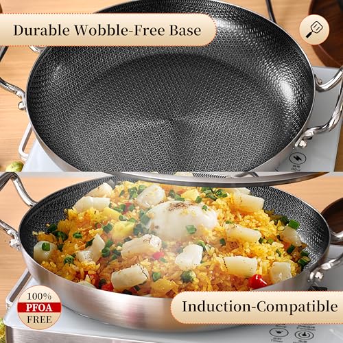 Inqibee 13-Inch Hybrid Tri-Ply Stainless Steel Paella Pan with Lid, Ceramic Non Stick Large Skillet, Induction Cooking Pan, Anti-Scratch, Dishwasher and Oven Safe