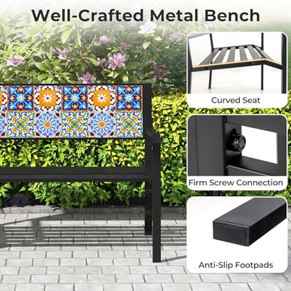 Tangkula 50" Metal Patio Park Bench, Modern Outdoor Classic Slatted Loveseat for 2-3 People with Curved Seat & Mosaic Backrest, Heavy-Duty Outdoor Seating for Backyard, Poolside, Porch