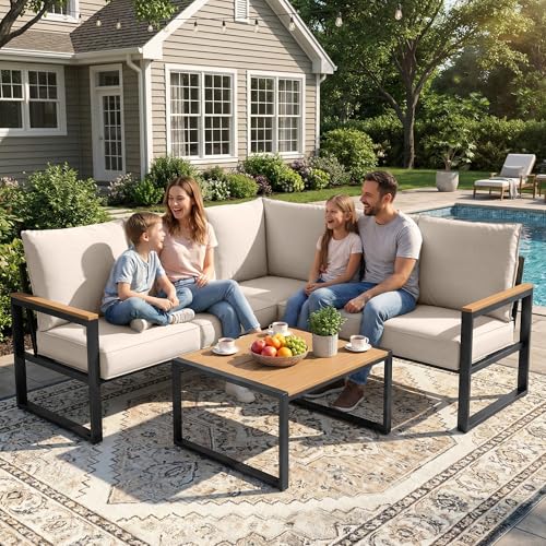 COMLAX FIELD Metal Patio Furniture Set, 6 Pieces Outdoor Sectional Sofa Set with Side Table, L Shape Patio Conversation Set with Faux-Wood Tabletop, Outdoor Couch for Balcony, Porch, Backyard,Beige