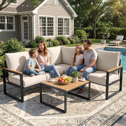 COMLAX FIELD Metal Patio Furniture Set, 6 Pieces Outdoor Sectional Sofa Set with Side Table, L Shape Patio Conversation Set with Faux-Wood Tabletop, Outdoor Couch for Balcony, Porch, Backyard,Beige