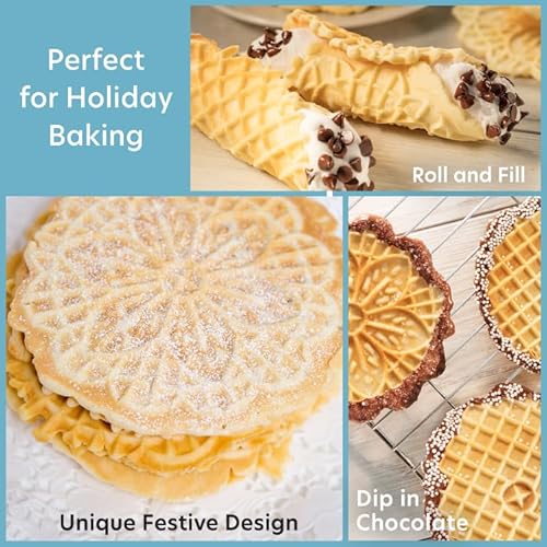 Pizzelle Maker- Non-Stick Electric Baker Press Makes Two 5-Inch Cookies at Once, Even Heating Plates- Must Have Party Baking Supplies- Italian Dessert Treat Making with Recipe Guide- Gift for Her