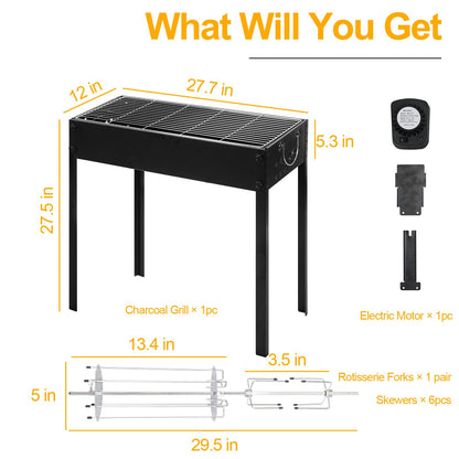 BESTHLS Barbecue Charcoal Grill with Electric Rotisserie Meat Forks & 6-Piece Skewer Set for Outdoor Cooking Camping Hiking Picnics Tailgating Backpacking or Any Outdoor Event