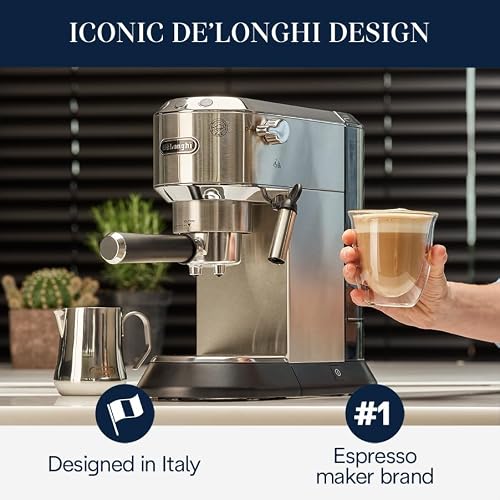 De’Longhi Dedica Espresso Machine with Manual Milk Frother, 15-Bar Pump & Adjustable Tray - Home Barista Coffee Maker for Espresso, Latte, Cappuccino & Iced Coffee - Italian Stainless Steel Design