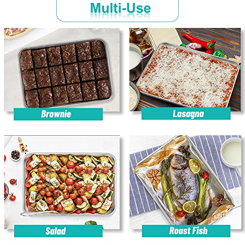 TeamFar Lasagna Pan, 12.3’’ x 9.75’’ x 2’’, Stainless Steel Rectangular Cake Brownie Casserole Pan For Roasting Baking, Healthy & Heavy Duty, Brushed Surface & Deep Side, Dishwasher Safe