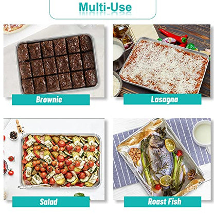 TeamFar Lasagna Pan, 12.3’’ x 9.75’’ x 2’’, Stainless Steel Rectangular Cake Brownie Casserole Pan For Roasting Baking, Healthy & Heavy Duty, Brushed Surface & Deep Side, Dishwasher Safe