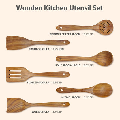 6 Piece Teak Wooden Utensil Set, Comfort-Grip Wooden Spoons for Cooking, Smooth Finish Wood Kitchen Utensils Set, Non-Stick Wood Spatula for Cooking