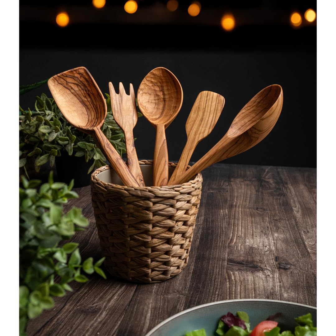 Premium Olive Wood Cooking Utensil Set - 5-Piece Artisan Cooking and Serving Utensil Bundle, Olive Wood Utensils, Fair-Trade, Handcrafted, Includes 2 Greek Recipes - LESVOS WOODCRAFT