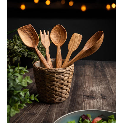 Premium Olive Wood Cooking Utensil Set - 5-Piece Artisan Cooking and Serving Utensil Bundle, Olive Wood Utensils, Fair-Trade, Handcrafted, Includes 2 Greek Recipes - LESVOS WOODCRAFT