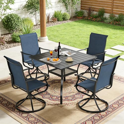 SUNCROWN 5-Piece Outdoor Patio Dining Set, All Weather Square Metal Table & 4 Dark Blue Swivel Textilene Mesh Chairs, Weather Resistant Patio Furniture for Deck Lawn Garden Backyard Poolside