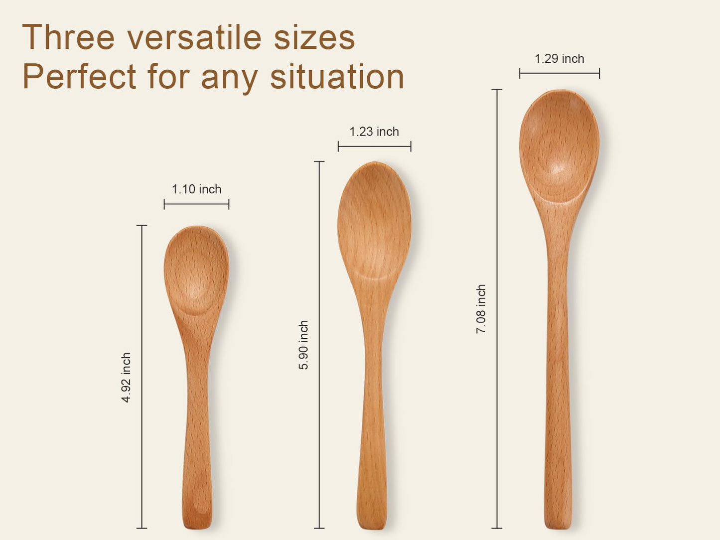 6 Piece Wooden Spoons Set - Premium Beech Wood Small Spoons in 3 Sizes (4.9", 5.9", 7.1") for Honey, Tea, Coffee, Multi-Purpose Mini Teaspoons Utensils for Ice Cream and Soup